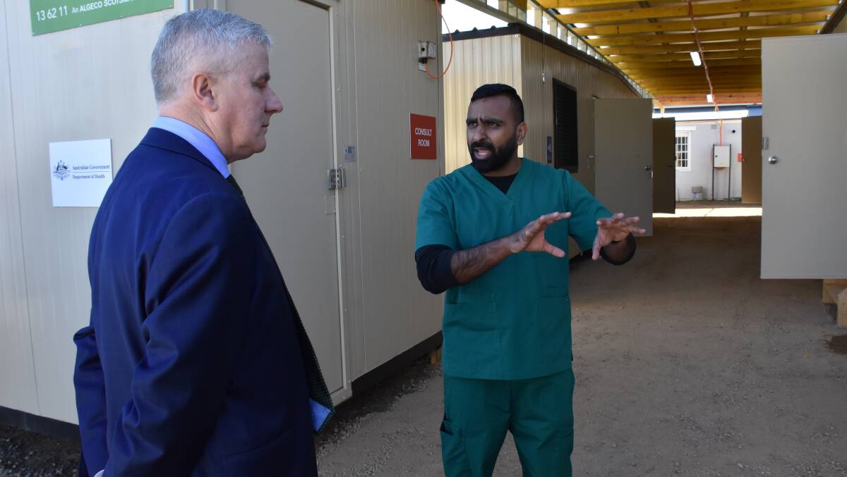 Riverina MP Michael McCormack and Dr Asitha Wickramaratne at the new COVID-19 testing clinic at the Boorowa Street Medical Practice. Photo: Peter Guthrie