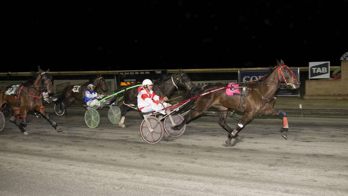 Grenfell horse Holy Camp Rob ($21.00) stormed home to record a three-and-three-quarter metre win after coming from sixth at the bell. Photo: Martin Langfield