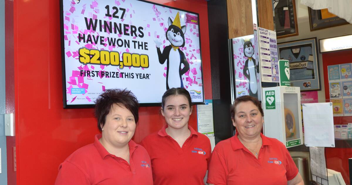 Donges staff members Rebecca Donges, Kaitlyn Ross and Kate Loader celebrate a $200,000 win by one of their customers.