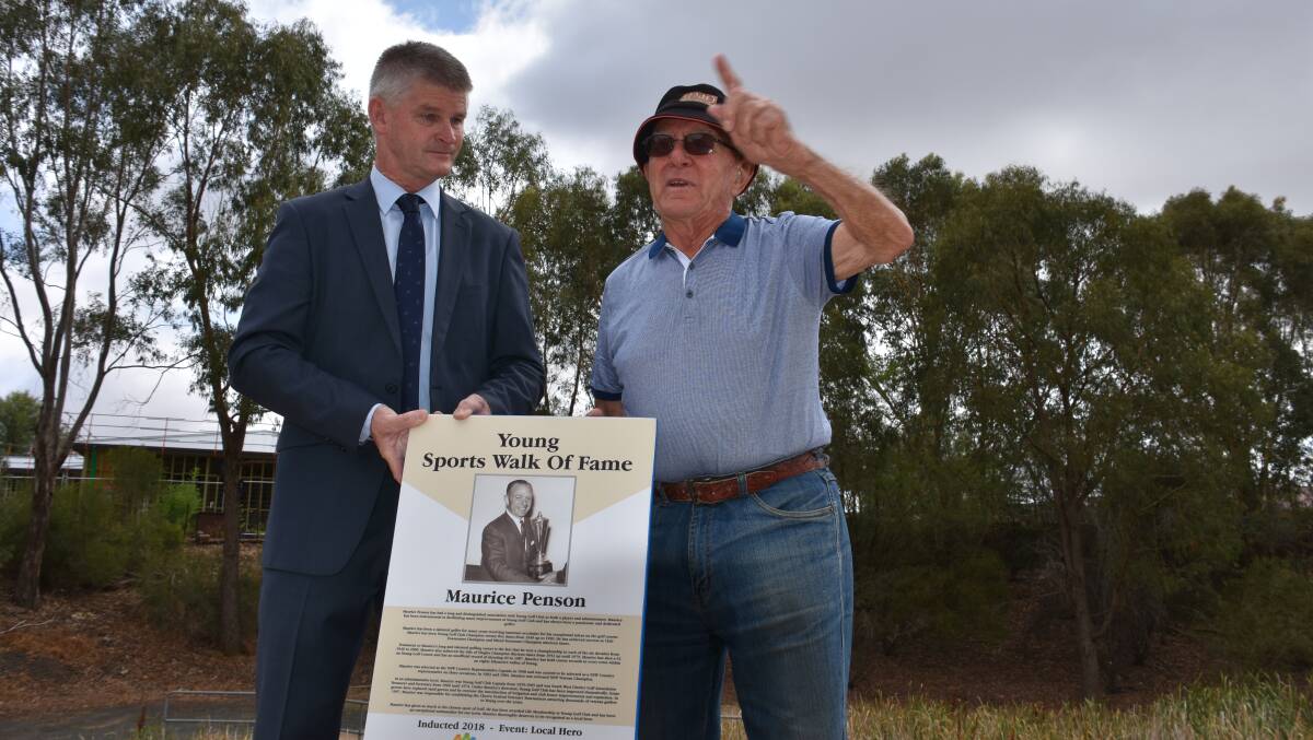 Hilltops mayor Brian Ingram and Maurice Penson at the Sports Walk of Fame which begins on Marina Street and extends to Lachlan Street. Photo: Peter Guthrie