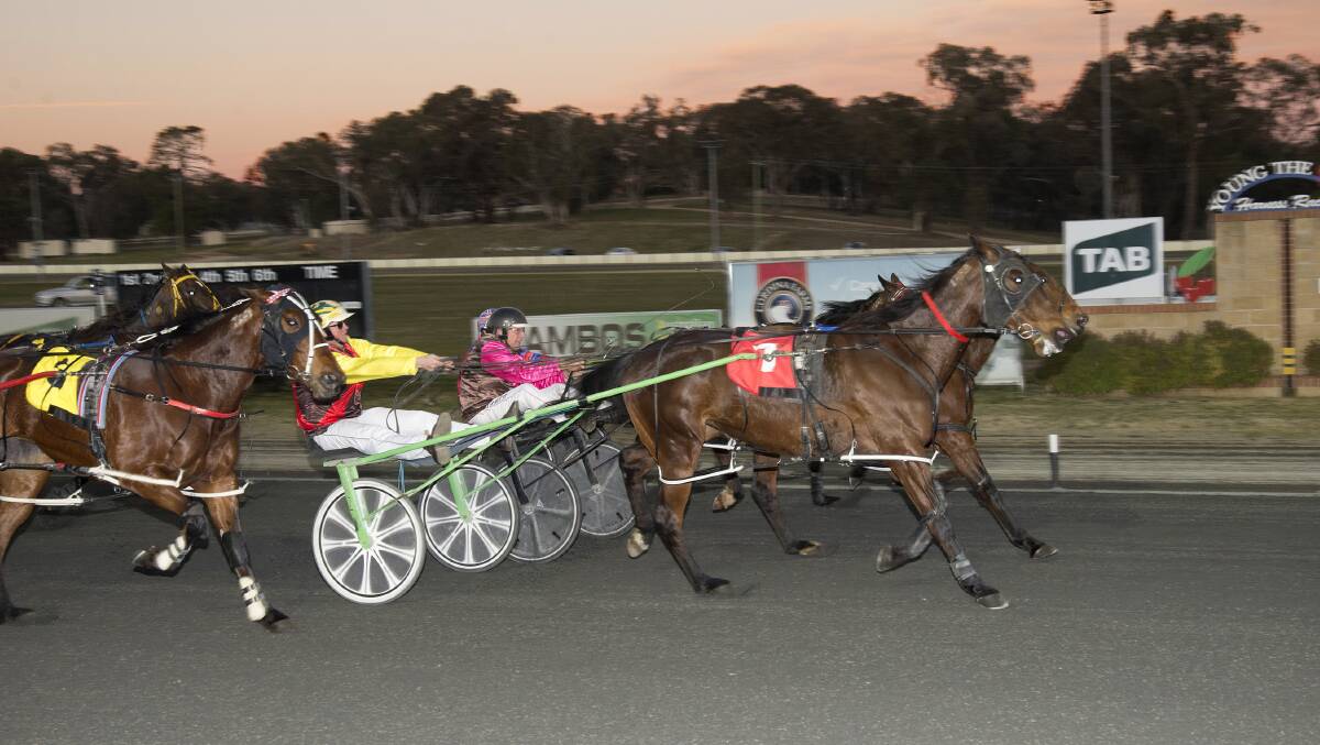 Annie Matilda defeating Kamwood Izzy in a close finish in the Young Services Club Pace (2100m) on Friday evening at the Paceway.