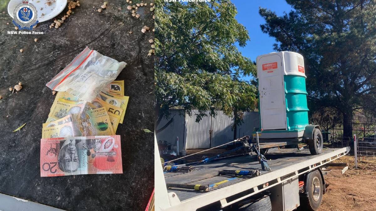 Police seized cannabis, drug paraphernalia and located an allegedly stolen port-a-loo in a search in Young and Grenfell. Picture: NSW Police