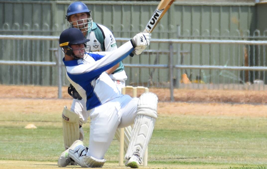 Pictured wicketkeeping as Jonte Powderly launches into a slog sweep on Saturday at Cranfield, Geoff Palmer overcame a finger injury early in the game to help the Coyotes secure victory. Photo: Peter Guthrie