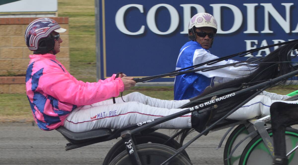 Mat Rue (pink silks) pictured finishing second in race one. He drove a race-to-race winning double in races two and three, including a maiden victory for two-year-old Beast Mode trained by wife Gemma.