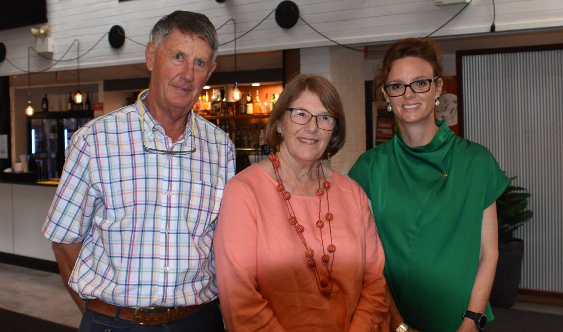 Richard Gordon, Sue Gordon and Member for Cootamundra Steph Cooke at Urban Retreat on Monday celebrating Sue's inclusion on the 2019 Hidden Treasures Honour Roll. Photo: Peter Guthrie
