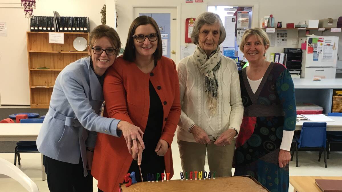 Member for Cootamundra Steph Cooke, Education Minister Sarah Mitchell, former teaching assistant Dot Walton, 90, and director Angie Milne.