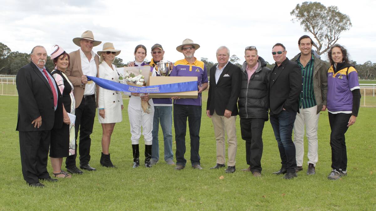 Jeff Bristow and Diane Williams (Cootamundra Picnic Races Committee president) sponsors Angus and Karen McLaren of Miller and James Real Estate, jockey Anaelle Gangotena and her father Raul Gangotena and mum Anne Gangotena (at end), trainer Doug Gorrel and representing the Paul Bristow Memorial friends of Paul - Greg Willis, Ryan Rayner, Dean Rayner and Luke Field. Photo: Kelly Manwaring