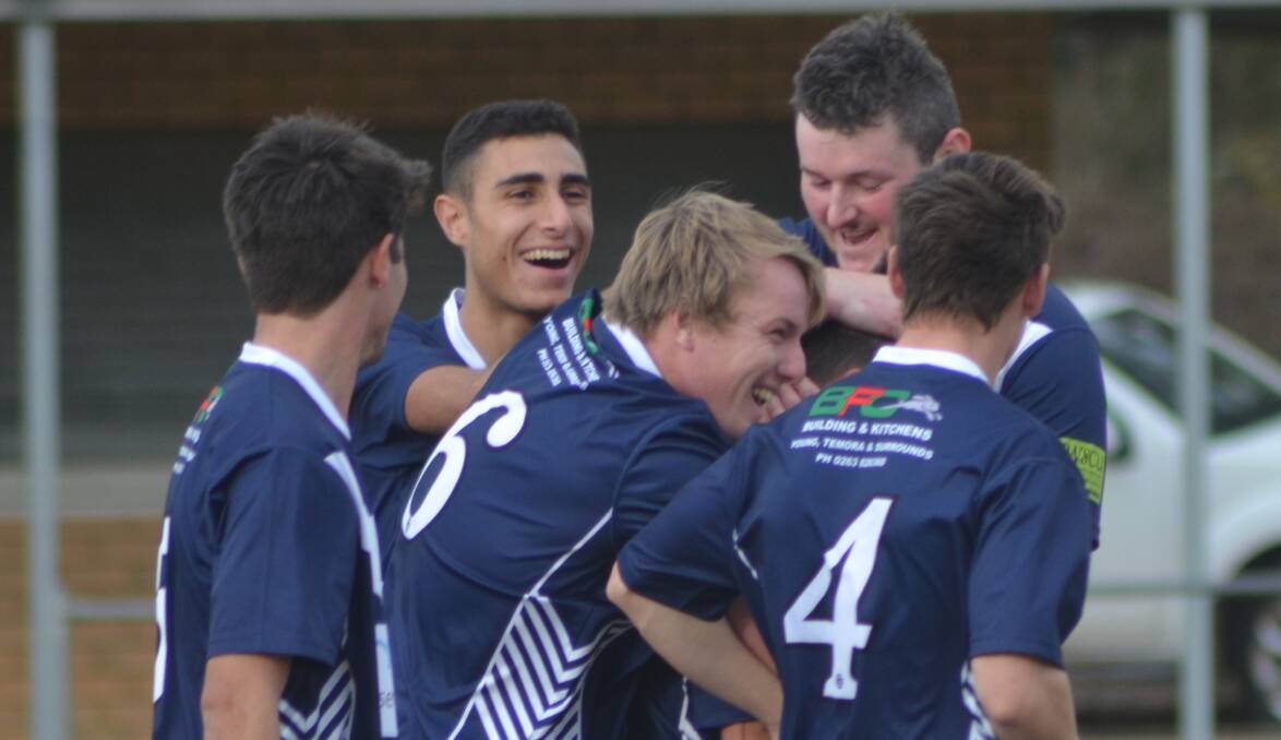Lions celebrate a goal at Hall Bros Oval during the regular rounds last year. Photo file