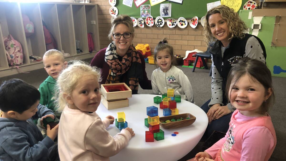 Member for Cootamundra Steph Cooke with staff and preschoolers Sarah, Alistair, Alex, Evie and Hannah.