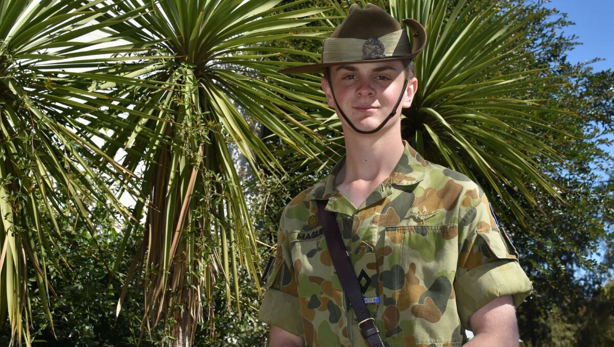 Cadet Under Officer Jacob Maslin of the Young Cadet Unit pictured on Anzac Day. Photo: Peter Guthrie