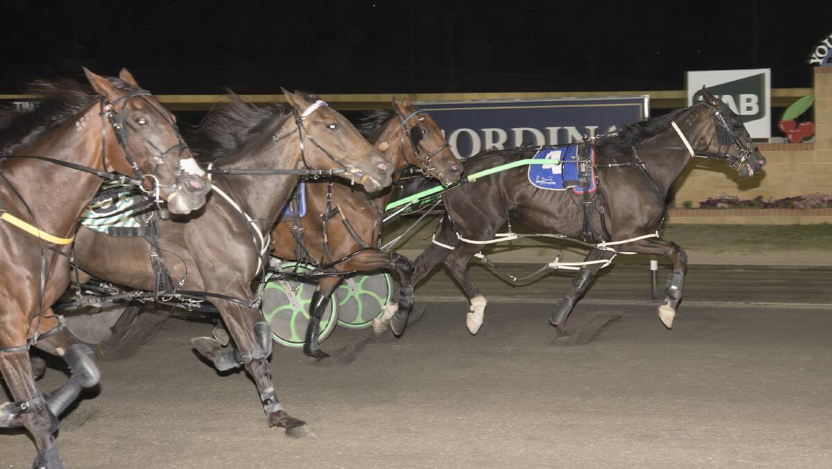 Corporal Jujon wins race six with Peter McRae in the gig at the Young Paceway on Tuesday night. Photo: Martin Langfield