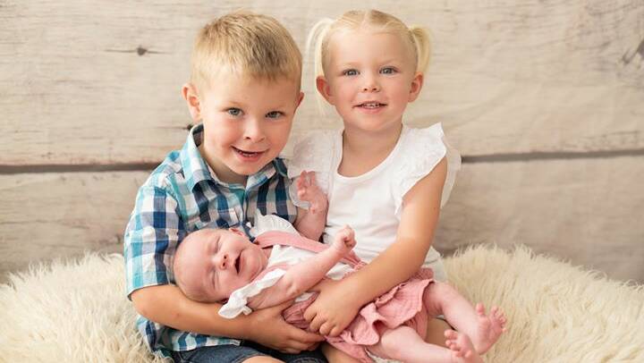 Newborn baby Regan Maree Ferry with siblings Gus and Charlotte. Photo: Chontelle Perrin Photography
