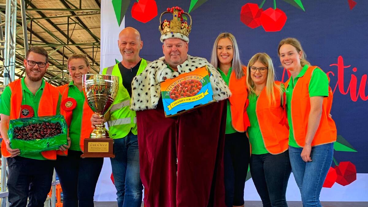 Cherry King entrant David Munnerley, Cherry Queen entrants Laura Ower, Kate Cruickshank, Brianah Griffin and Tasman Coulter with the top bidders. Photo: contributed