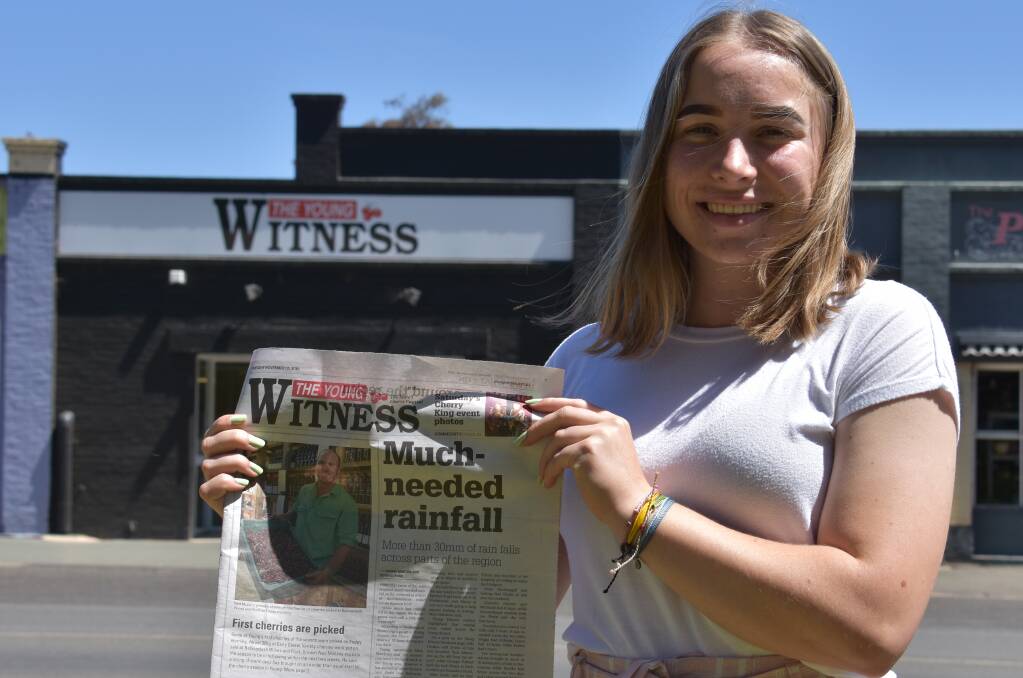 Year 10 Yanco Agricultural High School student Isabella Bergmann, from Young, during her first day on work experience at The Young Witness. Photo: Peter Guthrie