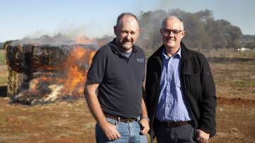 HEAT: Charles Sturt University researcher Dr John Broster and Myriota's Paul Sheridan are collaborating on the spontaneous haystack combustion research project. Picture: Madeline Begley