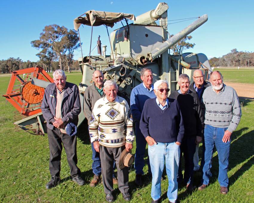 Veterans of the 1961 header school at Henty pictured in 2013 (from left) Laurie Sone, Barry Scholz, the late Colin Wood, Kerry Pietsch, Len Schilg, (front) Neville Male, Milton Taylor and Max Hogg. Photo: Kim Woods