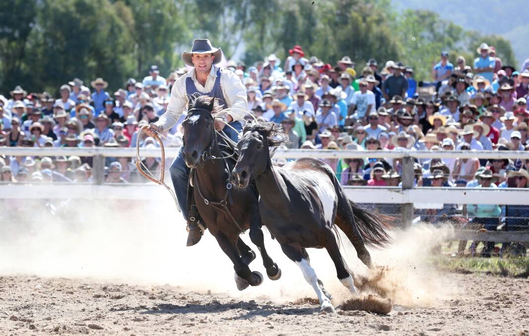 Kieran Davidson prepares to make a successful brumby catch in the Man From Snowy River Bush Festival challenge final at Corryong on Sunday. Photo: Kylie Esler