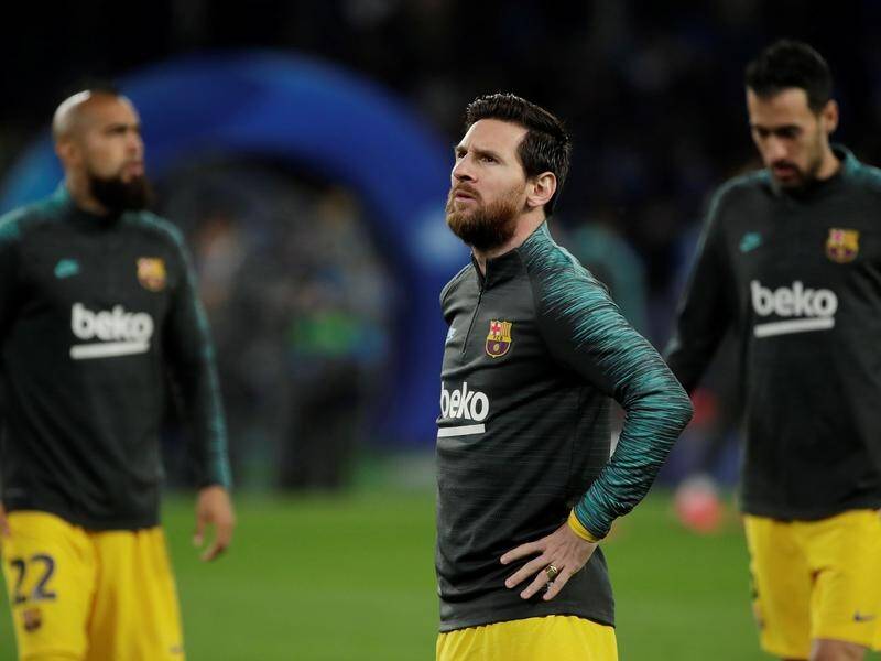 Lionel Messi (c) and his Barcelona teammates will take a pay cut due to the coronavirus pandemic.