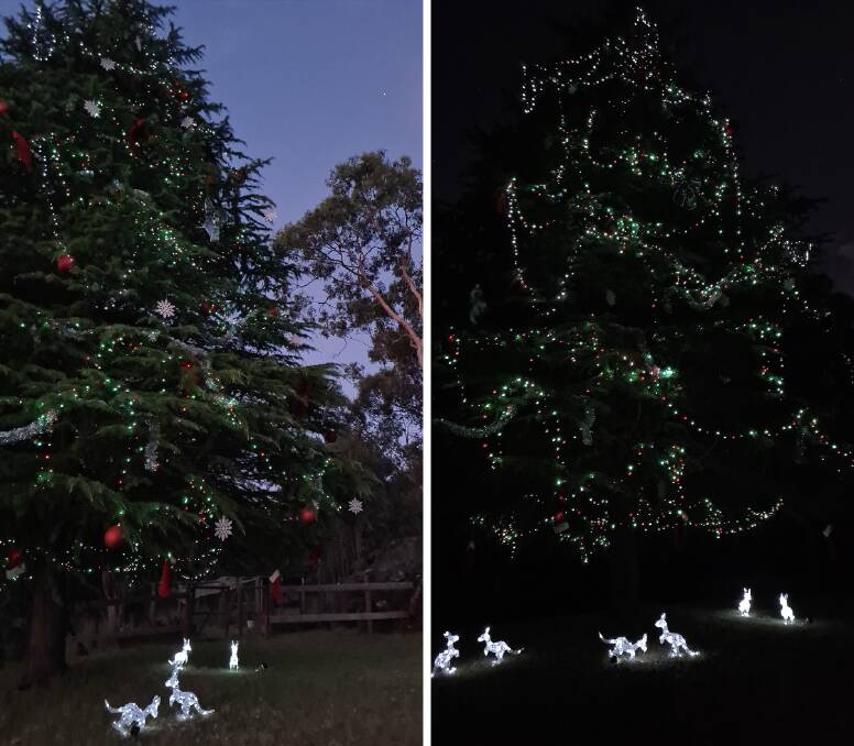 CHEER: Large scale lighting displays pictured at dusk and in the dark. Photos: Supplied