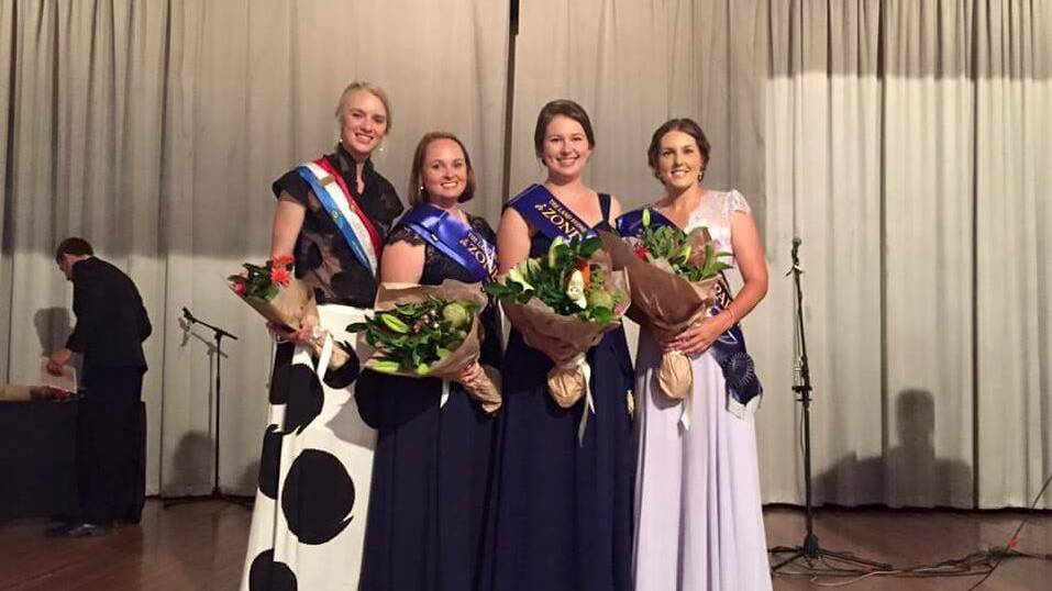 WINNERS: 2015 The Land Sydney Royal Showgirl, Ellie Stephens with 2016 Zone 6 finalists Camilla Kenny of Dubbo, Grace Eppelstun of Grenfell and Emily Madge of Young.                                               Photo: Parkes Champion Post