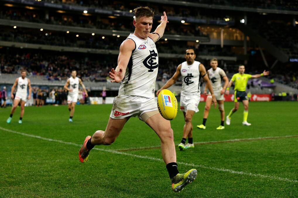 Carlton's Jack Newnes' goal after the siren was one of the 2020 season's most memorable moments. Photo: Will Russell/AFL Photos via Getty Images