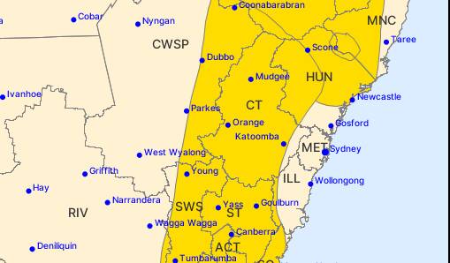 WARNING AREA: A severe weather warning for heavy rain and damaging winds has been issued for this area on Thursday afternoon. Image: BUREAU OF METEOROLOFY 