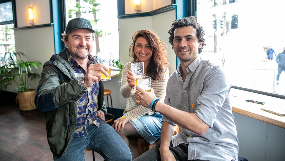 THAT'S FREEDOM: Brad Hunter, Leanne Thomas and Sebastian Martinez enjoy a beer on 'freedom day' at The Steyne in in Manly. Picture: Geoff Jones