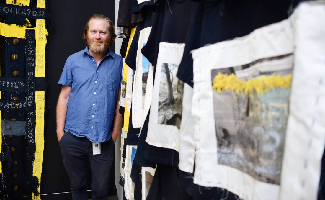 THOUGHT-PROVOKING: Art of Threatened Species curator Kent Buchanan with weaver Kelly Leonard's work inspired by the regent honeyeater and completed after collaboration with Dr Sarah Bell. Photo: AMY MCINTYRE