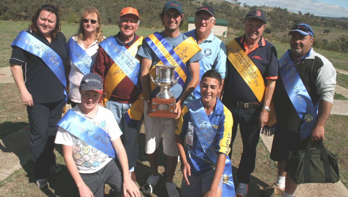 DESERVING WINNERS: The division winners at the Bathurst Clay Target Club’s King of the Mount shoot were (back) Samantha Peck, Karen Berry, Garry Roots, Matt Schiller, Ray Kearnes, Glen McAlister, John Laspina, (front) Oliver Rogers, Mike Ciappara.          Photo: Paul Rosconi